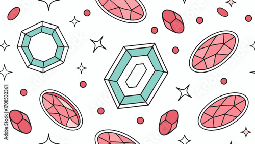 luxury gemstones pattern pink teal diamonds rubies emeralds seamless jewelry design isolated on white background.