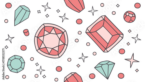 pastel gemstones crystals seamless pattern jewelry diamonds sparkles decorative design isolated on white background.