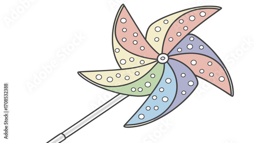 colorful pinwheel toy polka dot patterns pastel colors wooden stick children isolated on white background.