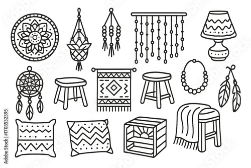 Boho Glamping Icons. Line style icons of boho glamping style: mandala rug, macrame hanger, beaded curtain, boho lamp, dreamcatcher