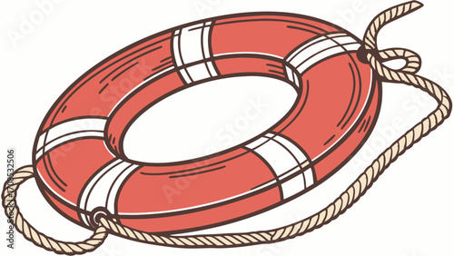 life preserver ring red white stripes nautical rope marine safety equipment isolated on white background.