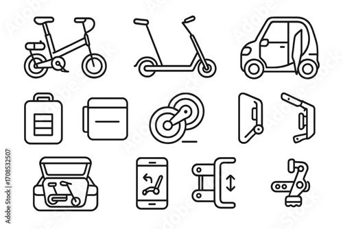 Foldable Micro-Vehicles Icons. Line style icons of foldable micro-vehicles: folded e-bike, e-scooter in carry mode, microcar with