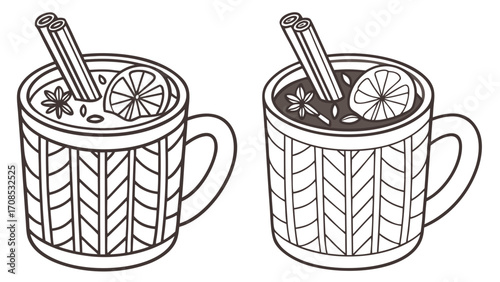 hot beverage mugs knitted pattern orange cinnamon spices line drawing illustration design.