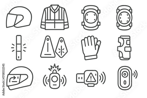 Mobility Safety Icons. Line style icons of mobility safety gear: helmet with visor, reflective jacket, elbow pads, knee guards,