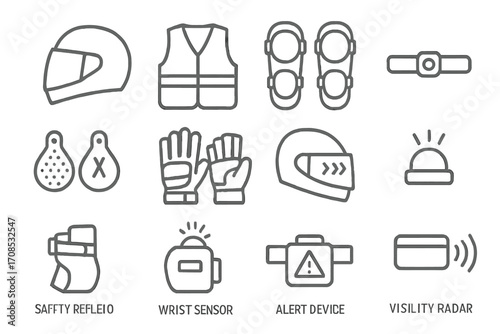 Mobility Safety Icons. Line style icons of mobility safety gear: helmet with visor, reflective jacket, elbow pads, knee guards,