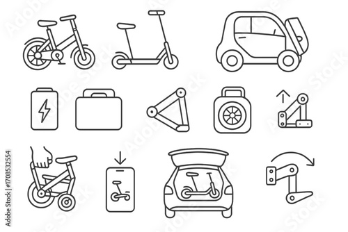 Foldable Micro-Vehicles Icons. Line style icons of foldable micro-vehicles: folded e-bike, e-scooter in carry mode, microcar with