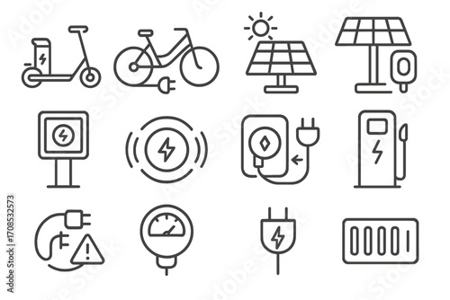Ride Charging Icons. Line style icons of ride charging stations: scooter charge hub, bike with power cord, solar panel roof icon,