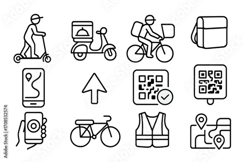 Micro-Vehicle Delivery Icons. Line style icons of delivery on micro-vehicles: delivery person on e-scooter, food box mounted