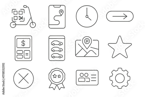Ride Sharing Icons. Line style icons of app-based ride sharing: scooter icon with QR overlay, GPS path in app, ride duration icon,