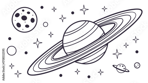 saturn planet space astronomy line drawing coloring book style celestial illustration design.