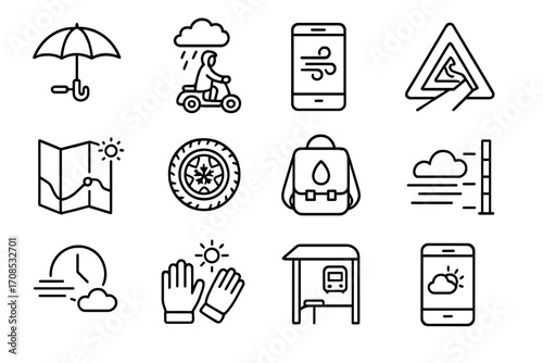 Weather Icon Set. Line style icons of weather-based commuting: umbrella mount icon, rainproof coat with scooter, wind alert on