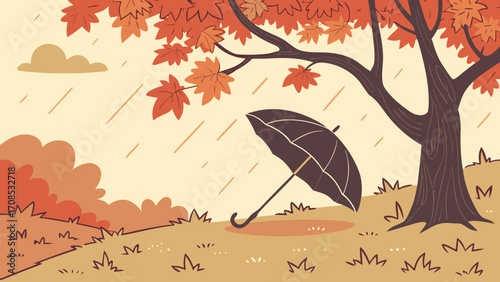 autumn tree falling leaves black umbrella landscape illustration fall season scene illustration design.