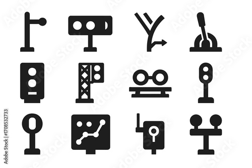 Railway Signal Icons. Solid style icons of train control and signals: semaphore signal, digital signal board, rail switch, control