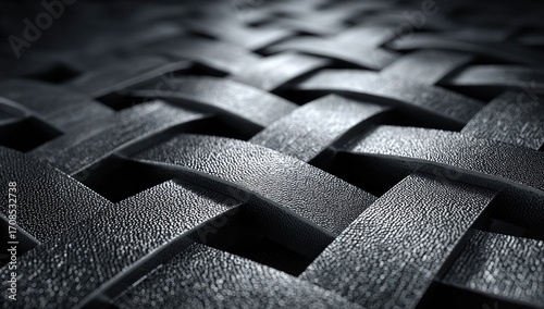 Close-up of intricate woven dark gray material.  Structured, overlapping bands create a complex pattern.  Highlights accentuate the texture