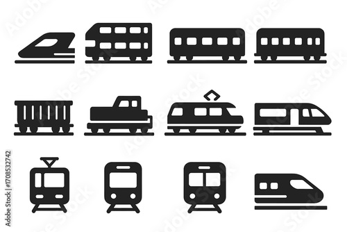 Passenger Train Icons. Solid style icons of passenger trains: high-speed train, double-decker train, regional train, sleeper car,