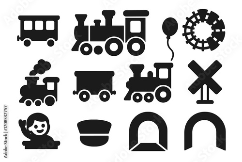Whimsical Toy Trains. Solid style icons of children’s trains: mini train ride, cartoon locomotive, smiling train face, toy rail