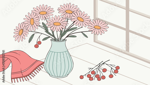 mint green vase chrysanthemum flowers pink sweater window still life illustration design. 