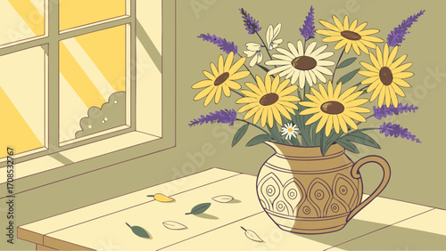 sunflower lavender pitcher window scene rustic cottage style kitchen illustration design. 