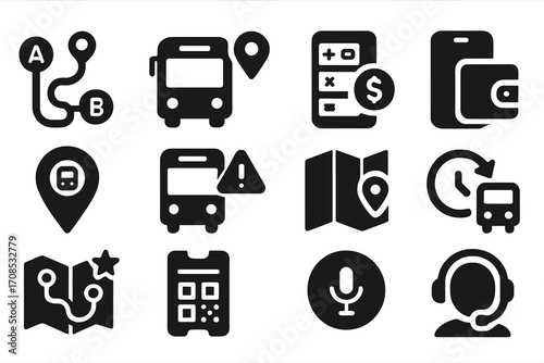 Transport App Icons. Solid style icons of public transport apps: route planner, live arrival tracker, fare calculator, top-up