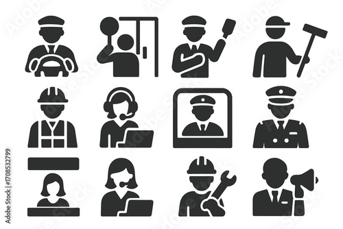 Transport Employee Icons. Solid style icons of transport employees: bus driver, station attendant, fare inspector, vehicle cleaner