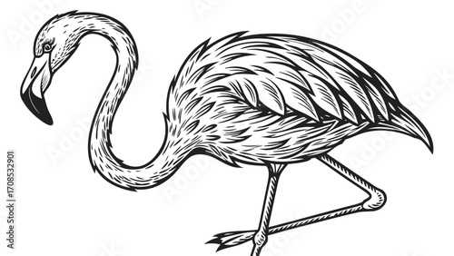  flamingo line drawing black and white bird illustration with detailed feathers isolated on white background.