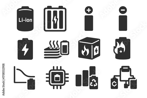 Battery Technology Icons. Solid style icons of battery technology: lithium cell, battery pack, cathode icon, anode icon, fast