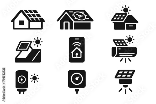 Solar Home Icon Set. Solid style icons of solar home features: solar roof tiles, solar attic fan, home battery system, solar