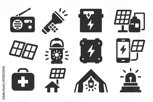 Emergency Solar Icons. Solid style icons of solar for emergencies: solar radio, flashlight with panel, emergency power box, backup