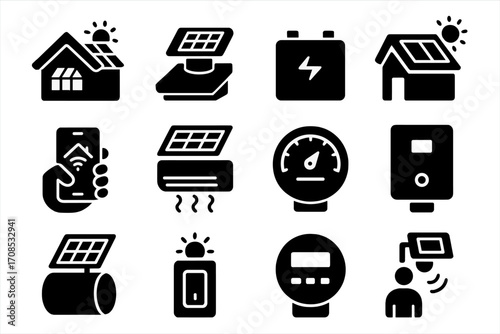 Solar Home Icon Set. Solid style icons of solar home features: solar roof tiles, solar attic fan, home battery system, solar
