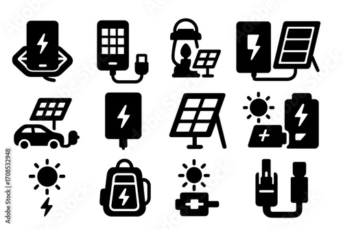 Solar Power Devices. Solid style icons of solar charging: phone charging on solar pad, solar power bank, solar lantern charging,