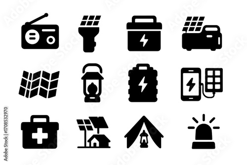 Emergency Solar Icons. Solid style icons of solar for emergencies: solar radio, flashlight with panel, emergency power box, backup