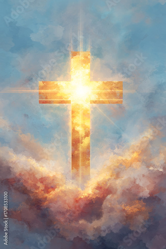 Radiant Golden Cross with Glowing Light in the Sky