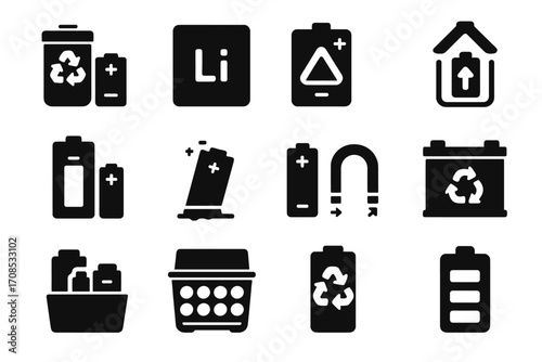Battery Recycling Icons. Solid style icons of battery recycling: AA battery bin, lithium icon, old battery with triangle, battery
