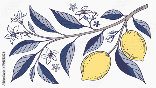 vintage lemon branch illustration with blue leaves yellow citrus fruit and delicate botanical details isolated on white background.