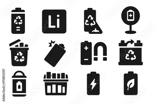 Battery Recycling Icons. Solid style icons of battery recycling: AA battery bin, lithium icon, old battery with triangle, battery