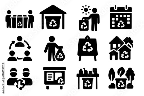 Community Recycling Icons. Solid style icons of community recycling: shared bins area, community center with bin, recycling day