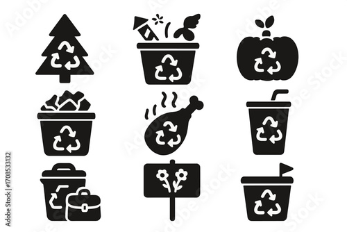 Seasonal Recycling Icons. Solid style icons of seasonal and event recycling: Christmas tree recycle, fireworks bin, pumpkin