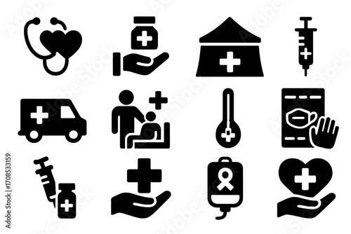 Medical Charity Icons. Solid style icons of medical charity: stethoscope with heart, medicine donation box, health tent, syringe