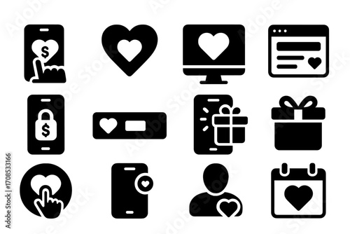 Charity App Icons. Solid style icons of charity apps and digital tools: mobile donation icon, charity app logo, heart on screen,