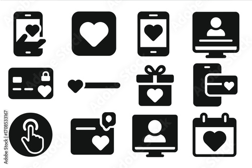 Charity App Icons. Solid style icons of charity apps and digital tools: mobile donation icon, charity app logo, heart on screen,