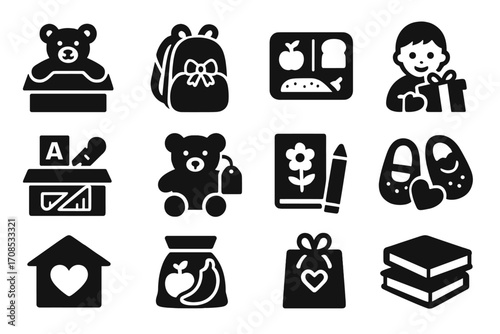 Children's Donation Icons. Solid style icons of donations for children: toy box with bear, backpack with ribbon, school lunch icon