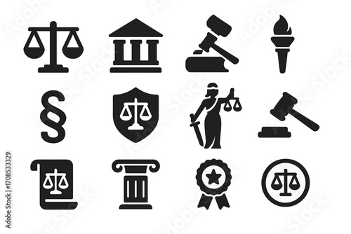 Legal Symbol Icons. Solid style icons of legal symbols: balanced scale, courthouse building, law book with gavel, justice torch,