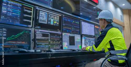 Fototapete Engineer working at control room, Manager control system, Technician man monitoring program from a lot of monitor