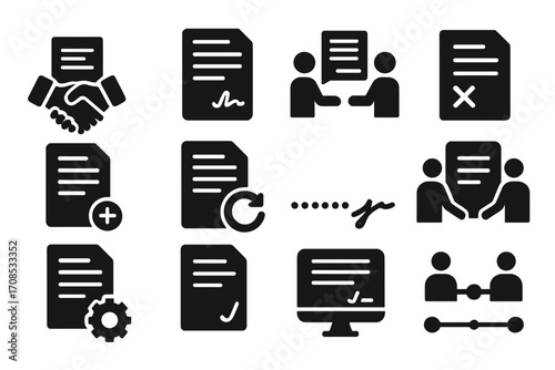 Contracts Icon Collection. Solid style icons of contracts and agreements: handshake with document, signed deal file, contract