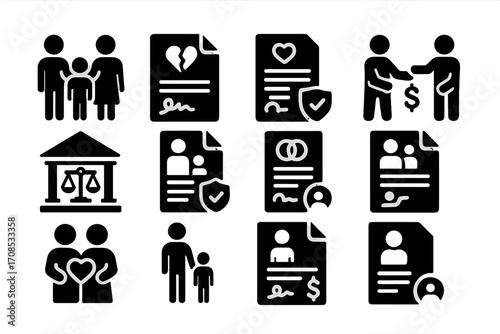 Family Law Icons. Solid style icons of family law: child custody icon, divorce papers file, adoption certificate, alimony