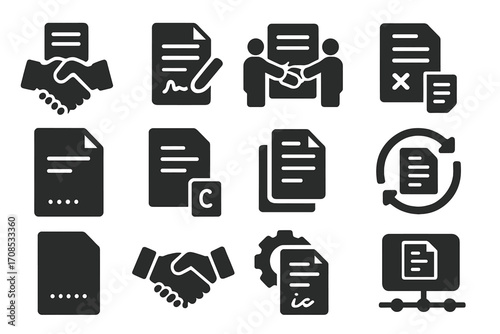 Contracts Icon Collection. Solid style icons of contracts and agreements: handshake with document, signed deal file, contract