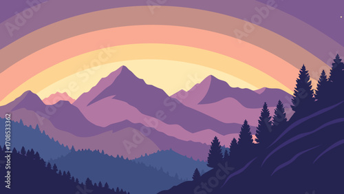 layered mountain landscape with evergreen trees sunset gradient illustration design.