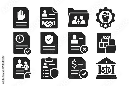 Labor Law Icons. Solid style icons of labor law and workers' rights: employee rights document, labor contract icon, workplace