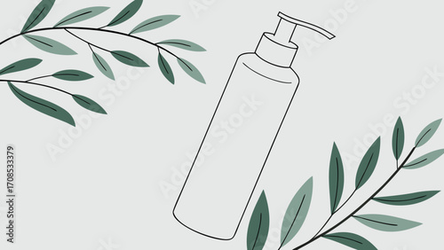 minimalist pump bottle with botanical leaves natural skincare product illustration design.