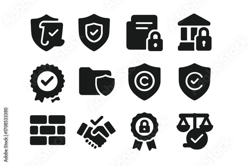 Legal Protection Icons. Solid style icons of legal protection: shield with scroll, safe contract icon, privacy document, legal